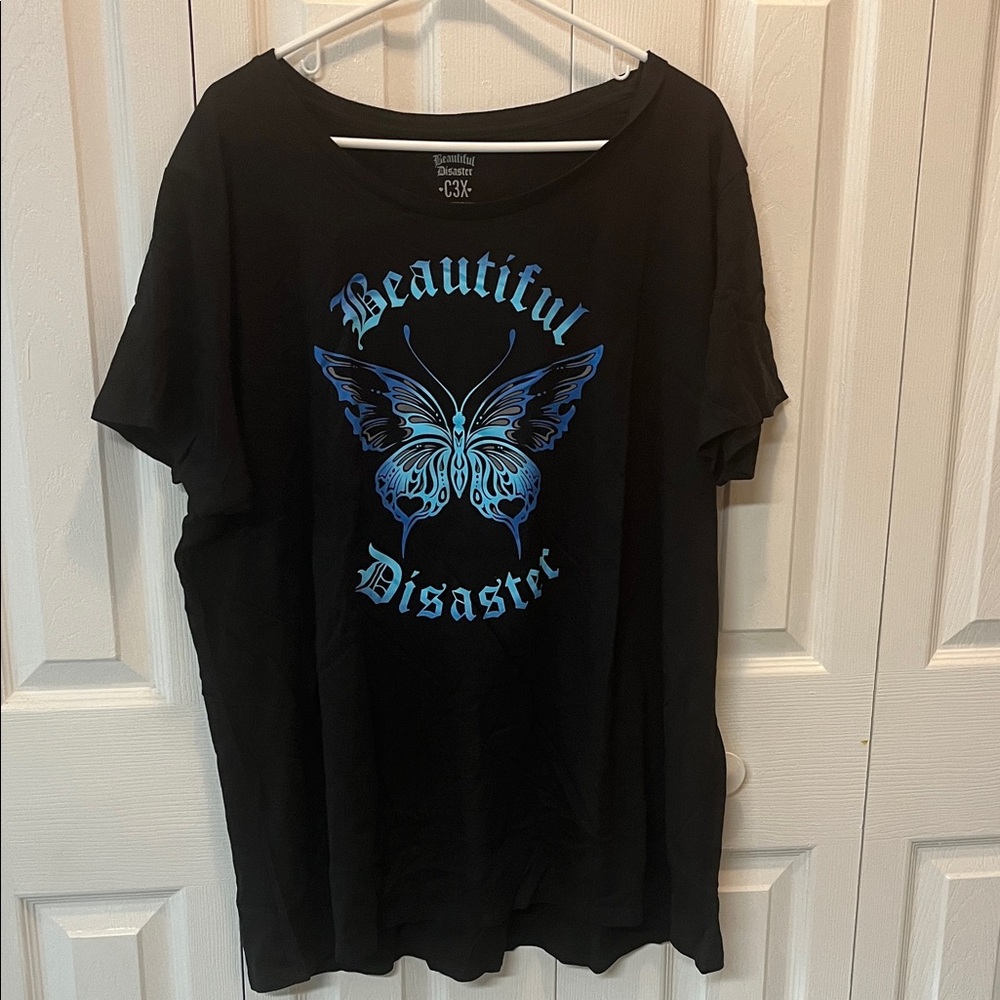 Beautiful Disaster Women's Black Short Sleeve Tee with Blue Butterfly Logo